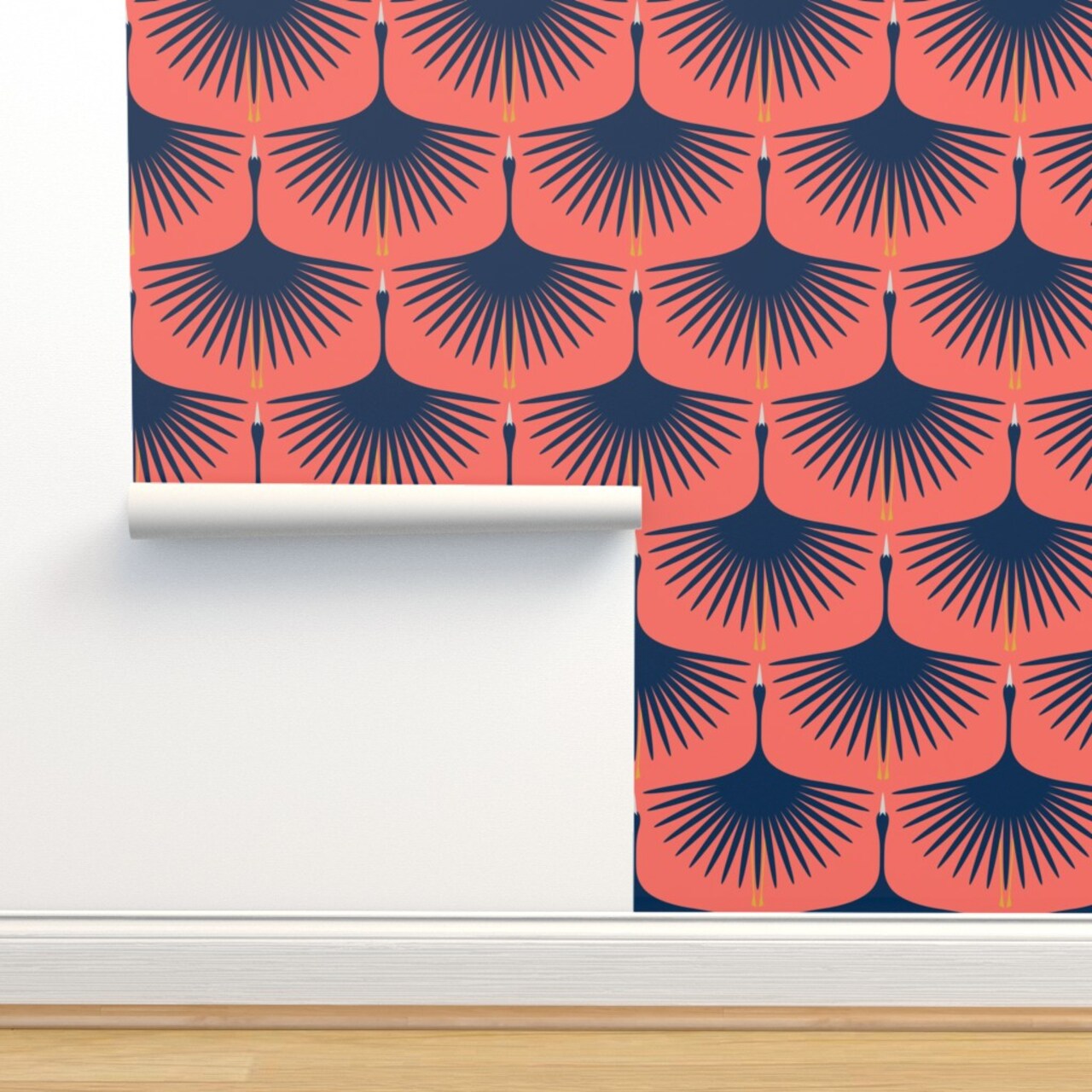 Navy Swan Flying Birds Cranes Art Deco Coral And Custom Removable Wallpaper by Spoonflower Peel & Stick Wallpaper 2FT Wide